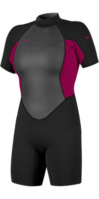 2026 O'Neill Womens Reactor-2 2mm Back Zip Shorty Wetsuit 5043B - Black / Punk Pink
